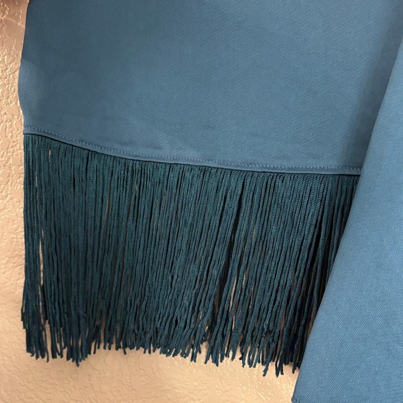 Trina Turk Teal Blouse with Fringe Sleeves - Picture 5 of 6
